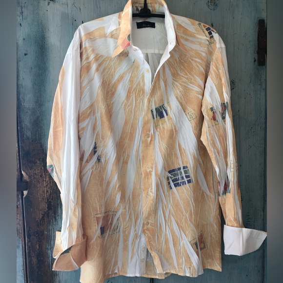 Italian tie-dye crinkle shirt - maize & white w/blue, green, terra cotta print - Picture 10 of 16